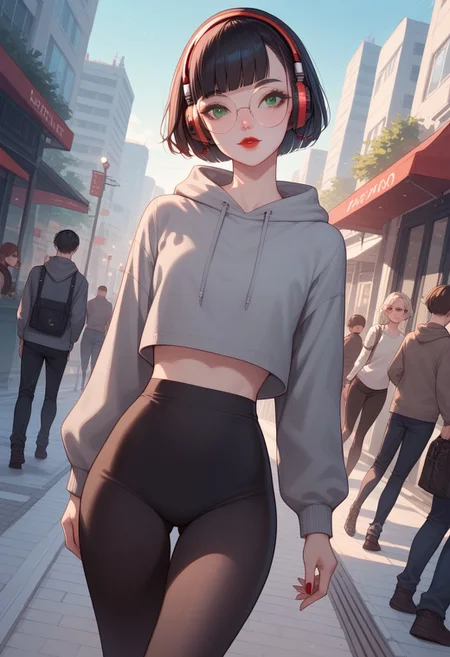 score_9, score_8_up, score_7_up, score_6_up, score_5_up, score_4_up, 1girl, Expressiveh, Polly, PollyRH, short hair, bobcut, black hair, bangs, green eyes, small breasts, almost flat chest, slim, pale skin, big round eyeglasses, clear eyeglasses lenses, nice round ass, red lipgloss, CMRNM, grey crop hoodie, black leggings, walking, listen to music, headphones, looking away, pensive, Dutch angle, outdoor, urban scenario