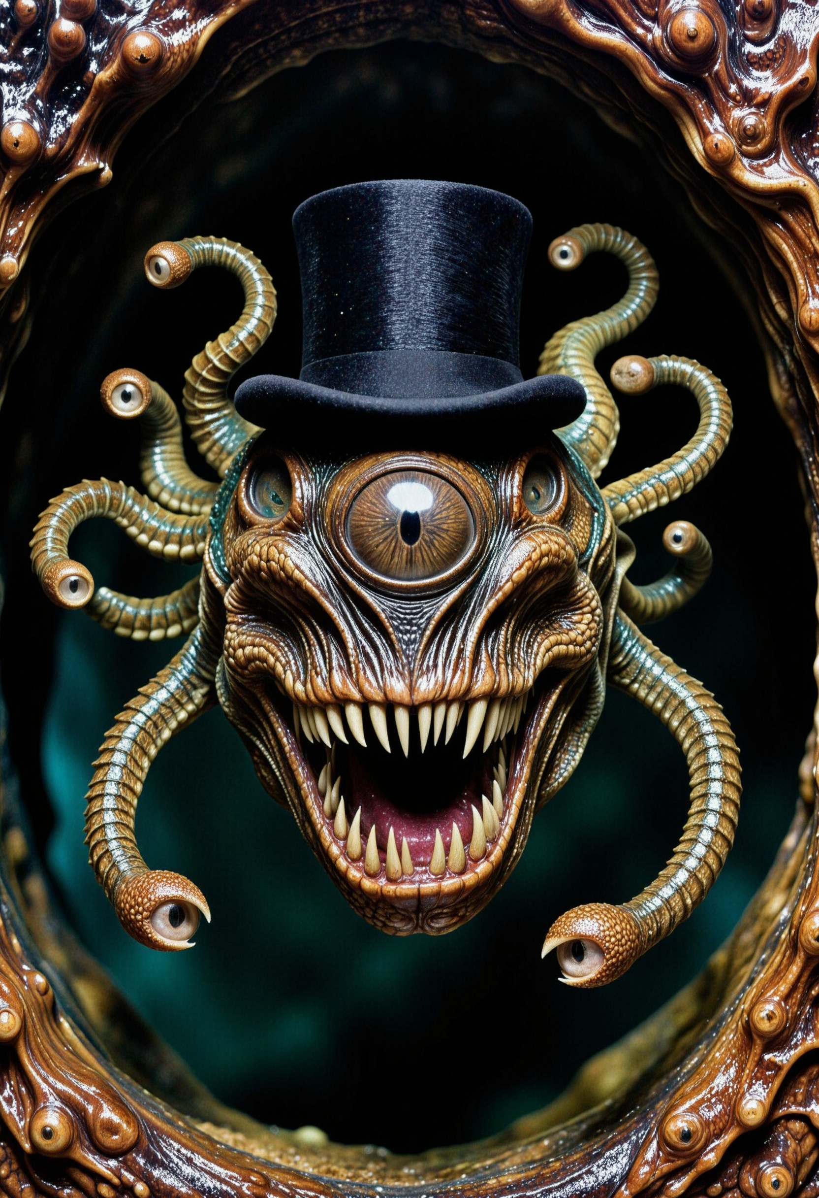 A nature photograph of a bhlr cyclops beholder made of reptile skin, rptlsknCE style, floating in a dark cave and wearing a top hat and a monocle. <lora:Hyper-FLUX.1-dev-16steps-lora:0.15> <lora:Challenge_Winnifier_ENTERPRISE_EDITION_epoch_5:0> <lora:Beholders!2.0flux:1> <lora:ReptileSkin01_CE_FLUX_AIT:1>