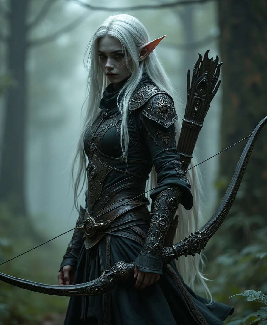 8k wallpaper of a female drow ranger, with dark ashy skin and long white hair wearing intricate elven chainmail, with a bow and quiver on her back, in a dark forest with spiderwebs hanging in the trees, 8k photo, cinematic, dark fantasy, highly detailed