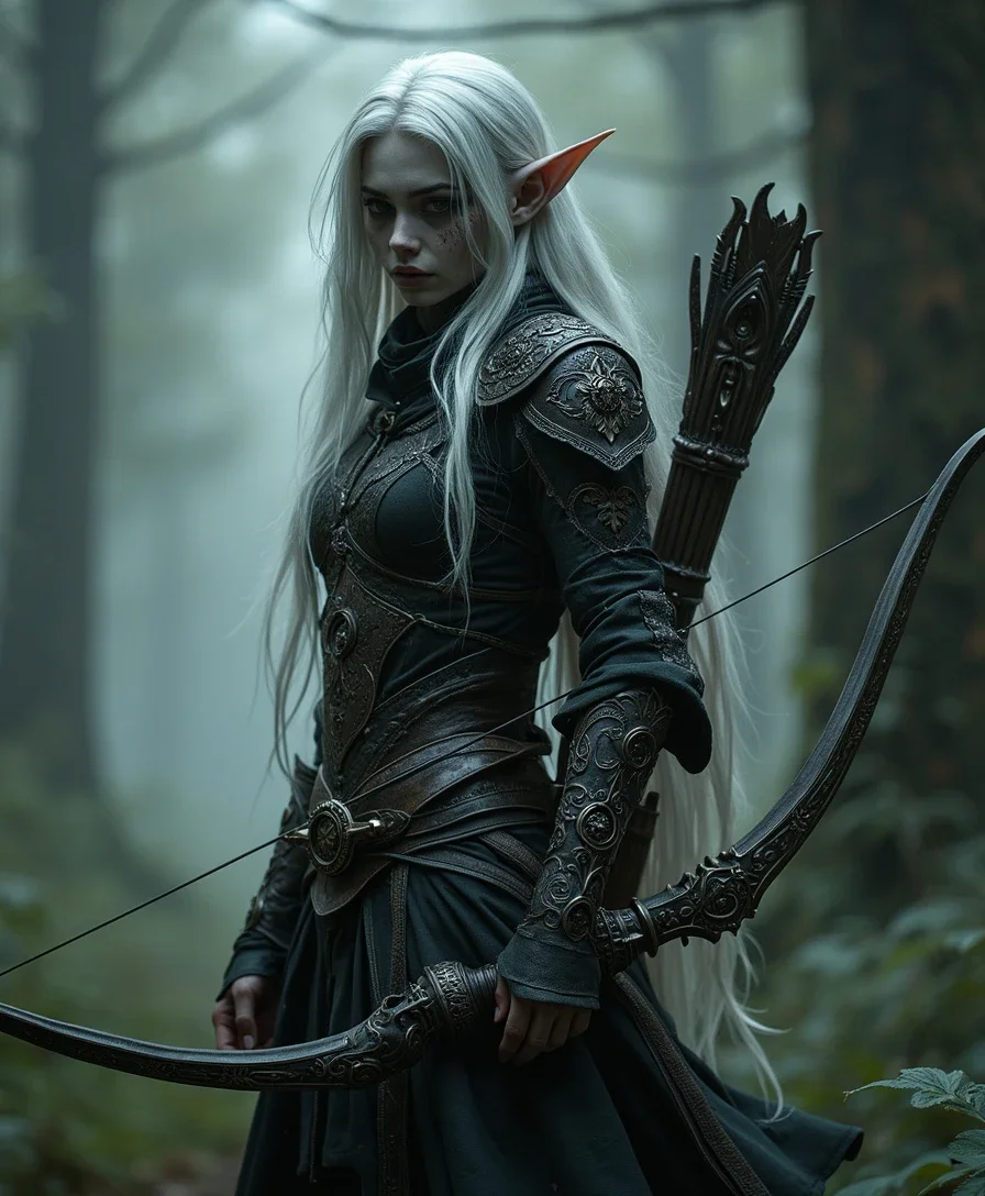 8k wallpaper of a female drow ranger, with dark ashy skin and long white hair wearing intricate elven chainmail, with a bow and quiver on her back, in a dark forest with spiderwebs hanging in the trees, 8k photo, cinematic, dark fantasy, highly detailed