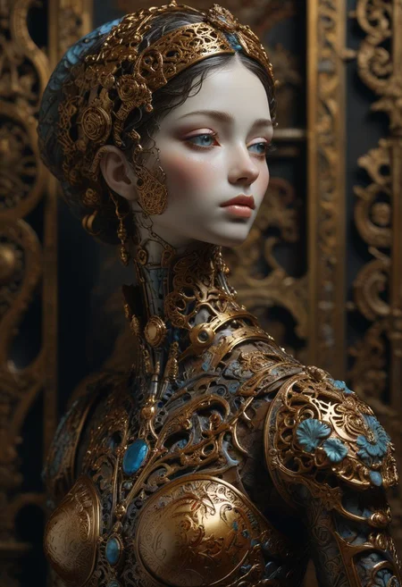 (Crafted Ceramic of a woman), gold filigree, cybernetic enhancements, machinery, rusty steel armor, triadic colors, stunning background. dark and moody, a mesmerizing blend of light and shadow. masterpiece, absurdres, intricate details <lora:TQCeramicStyle:0.9> Rembrandt