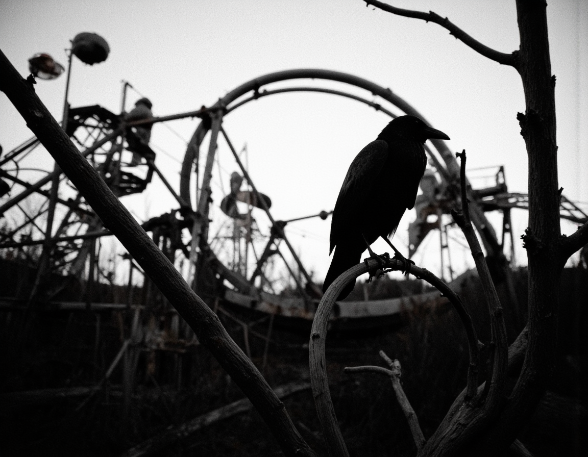 <lora:{nightambience, }Night_ambience-000015:0.65> nightambience, A haunting black and white photograph in 4k resolution, capturing the eerie atmosphere of an abandoned amusement park at dusk, with long, sinister shadows cast across the crumbling structures. In the foreground, a leafless tree stands like a skeletal sentinel, its branches etched sharply against the pale sky, and upon one of these branches, a black raven sits watchfully, its glossy feathers absorbing the faint light, its eyes gleaming with an unblinking intelligence. The raven's presence seems to draw the eye, its silhouette a stark contrast to the intricate, rusty latticework of the abandoned park's rides and attractions, which loom in the background like the ghosts of forgotten joys. The lighting is stark, with deep, dark shadows that seem to writhe and twist across the ground, as if alive, and the overall mood is one of foreboding and decay. The image features a shallow depth of field, with the raven and the branch it sits upon rendered in sharp, crisp detail, while the background dissolves into a soft, grainy blur, evoking the sense of a forgotten, fading memory. The shot is a close-up, shot from a slightly low angle, looking up at the raven, which seems to regard the viewer with a cold, unflinching gaze, as if daring them to enter this forsaken realm. The black and white palette adds to the sense of timelessness and nostalgia, while the 4k resolution imbues the image with a hyper-detailed, almost tactile quality, inviting the viewer to step into the haunting world of the abandoned amusement park. 8k highest resolution with sharp intricate details. Hyperrealistic, detailed, and vivid. . 35mm photograph, film, bokeh, professional, 4k, highly detailed