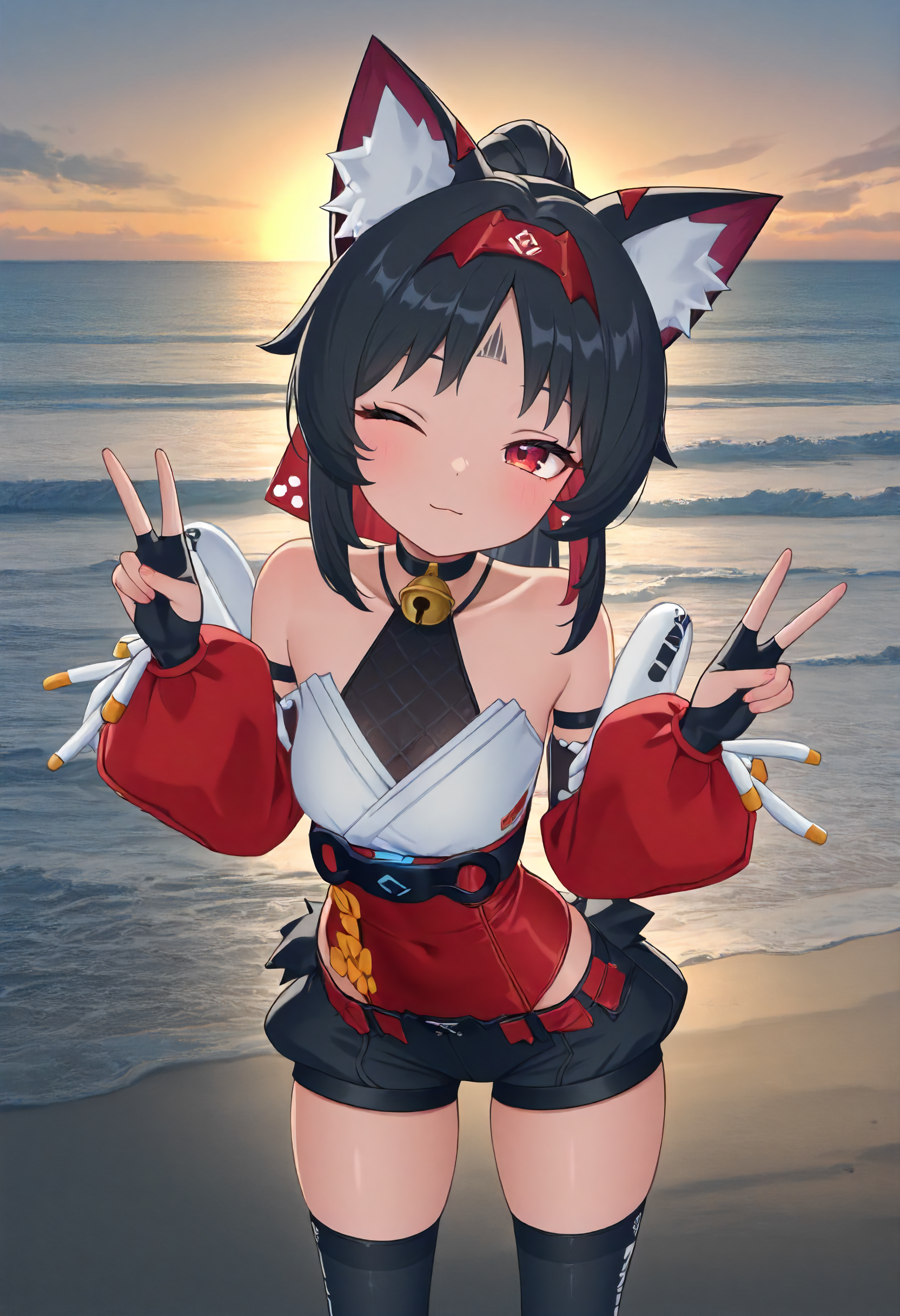 masterpiece, best quality, amazing quality, very aesthetic, absurdres, newest, scenery, volumetric lighting, perfect eyes, ultra detailed,
1girl, Nekomiya Mana, solo, forehead tattoo, cat ears, red hair band, black hair, ponytail, red ponytail lace, red eyes, 
choker, cowbell, black mesh, white top, red sash, detached sleeves, red sleeves, white sleeve laces, fingerless gloves, black shorts, black thigh highs, futuristic shin covers,
standing, looking at viewer, peace sign, wink, winking,
beach, ocean, horizon, clouds, organe sky, detailed background, beautiful frame,
<lora:Nekomiya_Mana__Nekomata_-_Zenless_Zone_Zero_ZZZ__Illustrious:1>
masterpiece, best quality, amazing quality, very aesthetic, absurdres, newest, scenery, volumetric lighting, perfect eyes, ultra detailed,