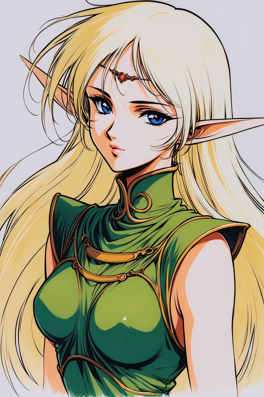 Deedlit,1girl,pointy ears,solo,blonde hair,elf,blue eyes,long hair,breasts,looking at viewer,white background,circlet,upper body,simple background,medium breasts,dress,sleeveless,lips,bangs,green dress,closed mouth,retro artstyle,traditional media,
<lora:yuuki nobuteru_XL:0.8>,