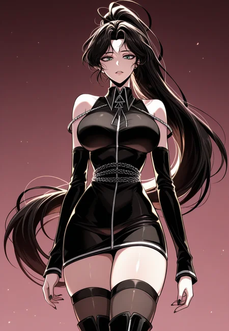 zPDXL3, score_9_up, score_8_up, score_7_up, ,Masterpiece,(perfect female body:1.2), small waist, (incredibly detailed:1.4), beautiful fingers, (large breasts:1.2) big breasts, thighs, looking at viewer, looking at viewer, <lora:Yu_Seolha_-_The_World_After_the_Fall-Kaleid_Illustrious:1> yu seolha, 1girl, black hair, green eyes, very long hair, ponytail, dress, detached sleeves, bare shoulders, black nails, boots, zettai ryouiki, thighhighs, (facing viewer)