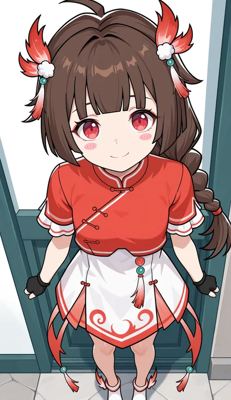 ( masterpiece),best quality,amazing quality,very aesthetic,absurdres,newest,perfect body,shiny skin,perfect eyes,detail1eye,xiao shimei, 1girl, brown hair, braid, solo, long hair, , smile, red eye, , hair ornament, blush stickers, dress, bangs, single braid, standing, blunt bangs, antenna hair, fingerless gloves, black gloves, china shoes, short sleeves, red topwear,looking at viewer<lora:xiaoshimei:1>