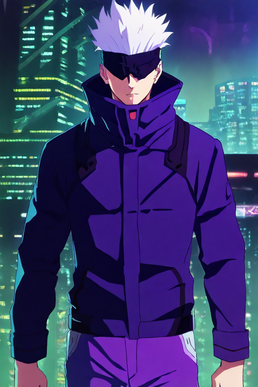 <lora:GojoSatoruPony:0.6> SatoruGojo, gojou satoru, white hair, purple pants, high collar, blindfold, covered eyes, black blindfold, purple jacket, purple pants, 1boy, solo, alone, <lora:cyberpunk_edgerunners_style_illustriousXL:1>, cyberpunk_edgerunners_style, masterpiece, highres