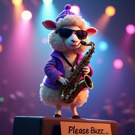 A cute sheep playing the saxophone up on a high pedestal, wearing a beanie, shades, a purple sparkling jacket, disco lights, photorealistic, a cardboard sign that says "Please Buzz...", colourful, epic, cinematic shot,