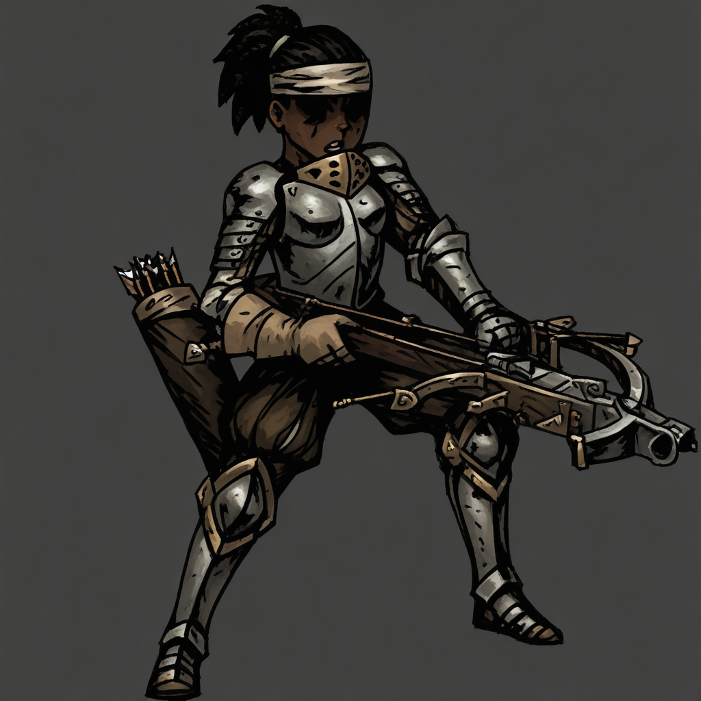 masterpiece, best quality, newest, absurdres, highres, DDstyle, official style, black eyes, shaded eyes, 1girl, DD-Arba-V1.0, dark-skinned female, dark skin, dredlocks, armor, breastplate, armor, headband, greaves, quiver, ponytail, pauldrons, Crossbow, holding crossbow, weapon, holding weapon, bolt (projectile), arrow (projectile)
