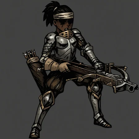 masterpiece, best quality, newest, absurdres, highres, DDstyle, official style, black eyes, shaded eyes, 1girl, DD-Arba-V1.0, dark-skinned female, dark skin, dredlocks, armor, breastplate, armor, headband, greaves, quiver, ponytail, pauldrons, Crossbow, holding crossbow, weapon, holding weapon, bolt (projectile), arrow (projectile)
