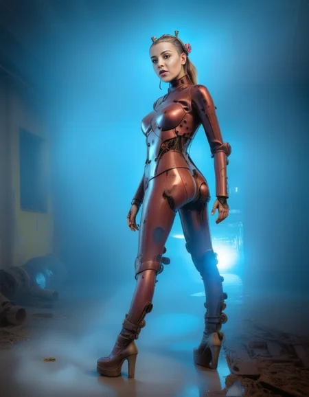 full body photo of a beautiful young woman from Germany <lora:Robotizer:1.65> in an abandoned factory, dark atmosphere