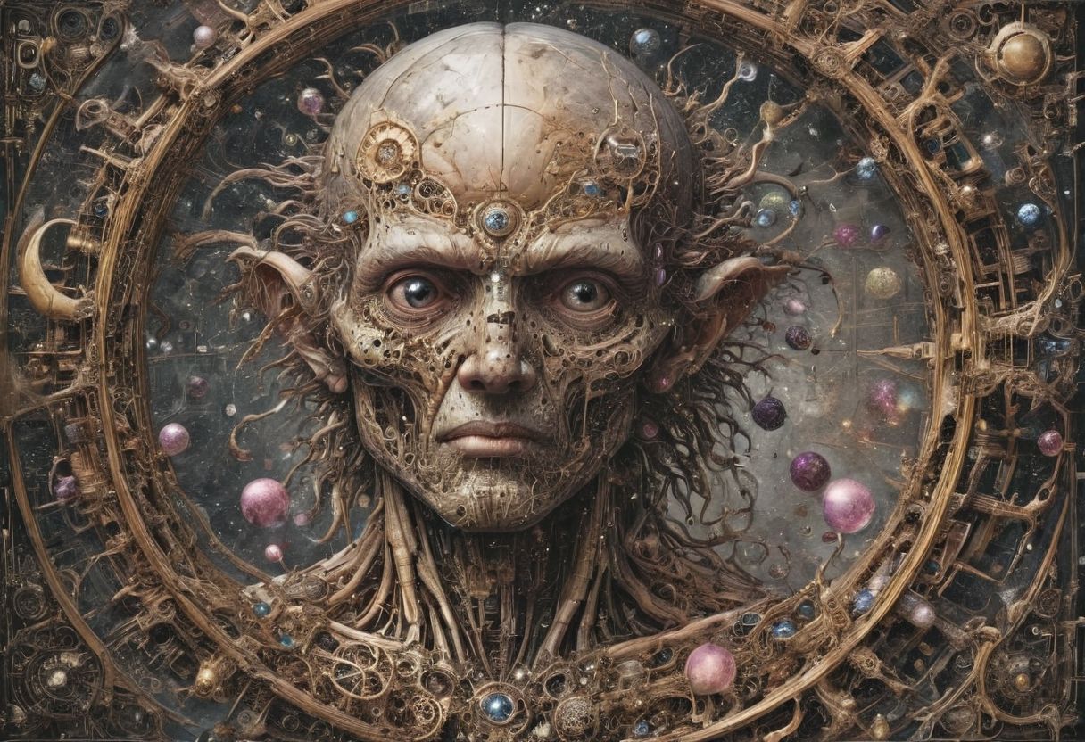 (full body portrait), ((an Ancient old man with extremely long hair down to the ground, siting on a space mushroom, in an intricate interstellar spacesuit holding a huge alien crystal ball, glowing, and blowing out many huge smoke rings)), (A myriad of unique detailed eyeballs all look at the subject), intricate, (old:1.7), by Moebius and H. R. Giger, Da_Vinci, vitruvian, hyper detailed perfect hands, award winning on artstation.com,(intricate details, masterpiece, best quality:1.4), looking at viewer, dynamic pose, wide angle view, dense fog, Different shades of wisteria and grape, embellished with gold decoration, fractal art, in the style of nicola samori, Intense gaze, Bright... ,Model, expression, anthro, Rainbowiridal palette eyes, Shiny..., Bright..., Intense gaze, hombre eyes, ink drawing, anatomical, Da_Vinci, vitruvian
