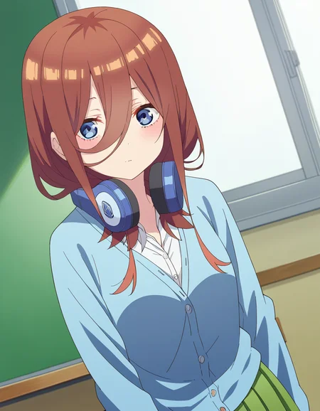 score_9, score_8_up, score_7_up, source_anime,
mikunakano, <lora:miku-nakano-s2-ponyxl-lora-nochekaiser:1>,
miku nakano, long hair, bangs, blue eyes, brown hair, shirt, hair between eyes, headphones, cardigan, headphones around neck,
skirt, shirt, long sleeves, white shirt, pantyhose, pleated skirt, black pantyhose, cardigan, green skirt, blue cardigan,
indoors, classroom,
looking at viewer, cowboy shot, dutch angle, solo,