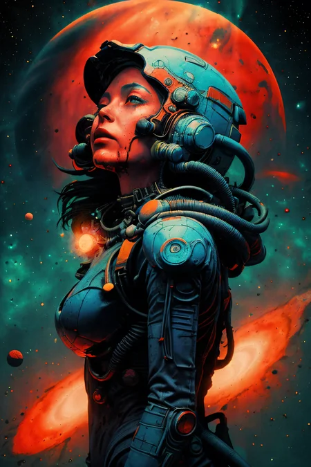 retroart style,sci-fi, high-tech, epic scene, moody statuesque woman, (busty:1.1), detailliert face, (dark grey skin), stunning beauty, (long shot:1.7), (blue and orange biomechanical suit with helmet), looking up, (ancient alien ruins in backround), evil mystic, glowing particles, (with many sparkling particles floating around), smoke, (beautiful cosmic background full of planets and blood nebula:1.3), misty,  (highest quality), (ultra detailed), (cinematic lighting), sharp focus, photorealistic, smooth shading, artwork,  <lora:add_detail:1>  <lora:detailed_notrigger:1>  <lora:Blanche:1>  <lora:Retro_Anime:0.5>