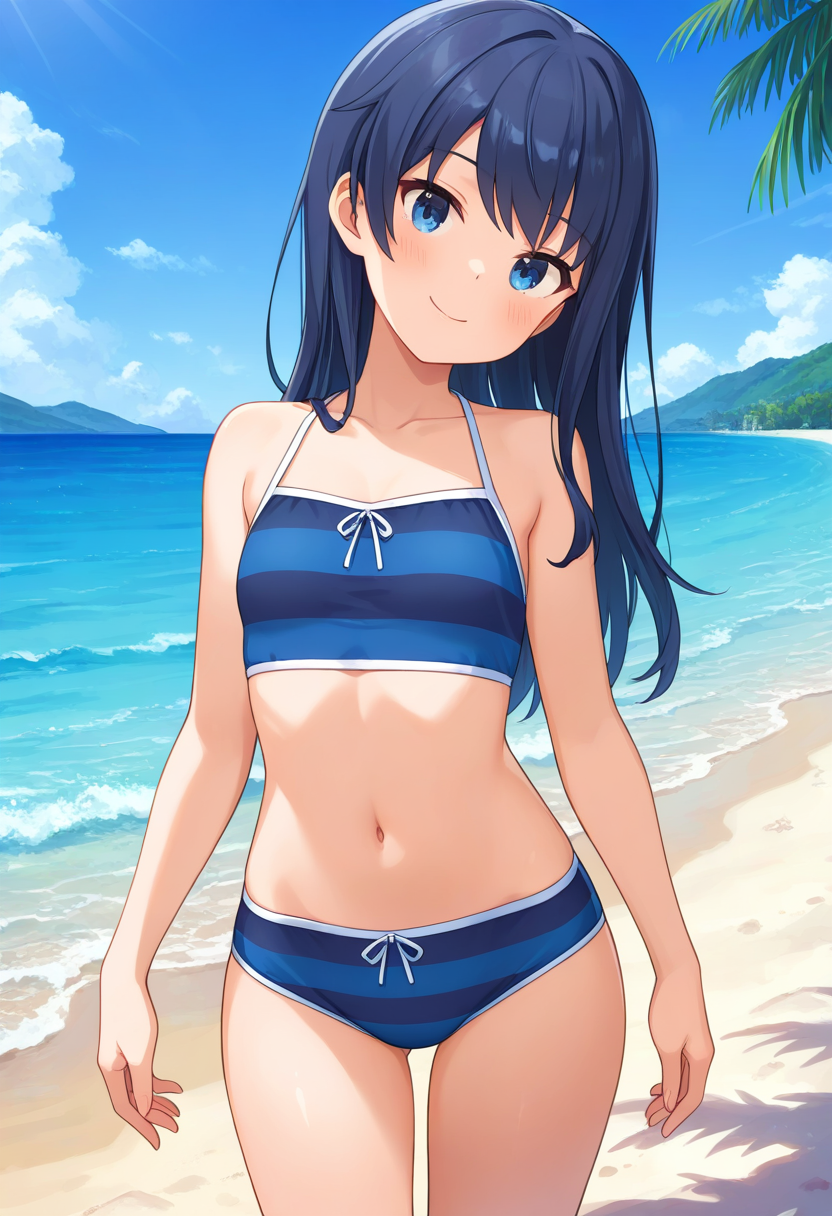 masterpiece, best quality, absurdres, very aesthetic, general, 1girl, mtmdef, bluescreen, dark blue hair, long hair, striped swimsuit, midriff, beach, blue sky, head tilt,  smile, looking at viewer, <lora:ILmutsumiAGA:0.8>