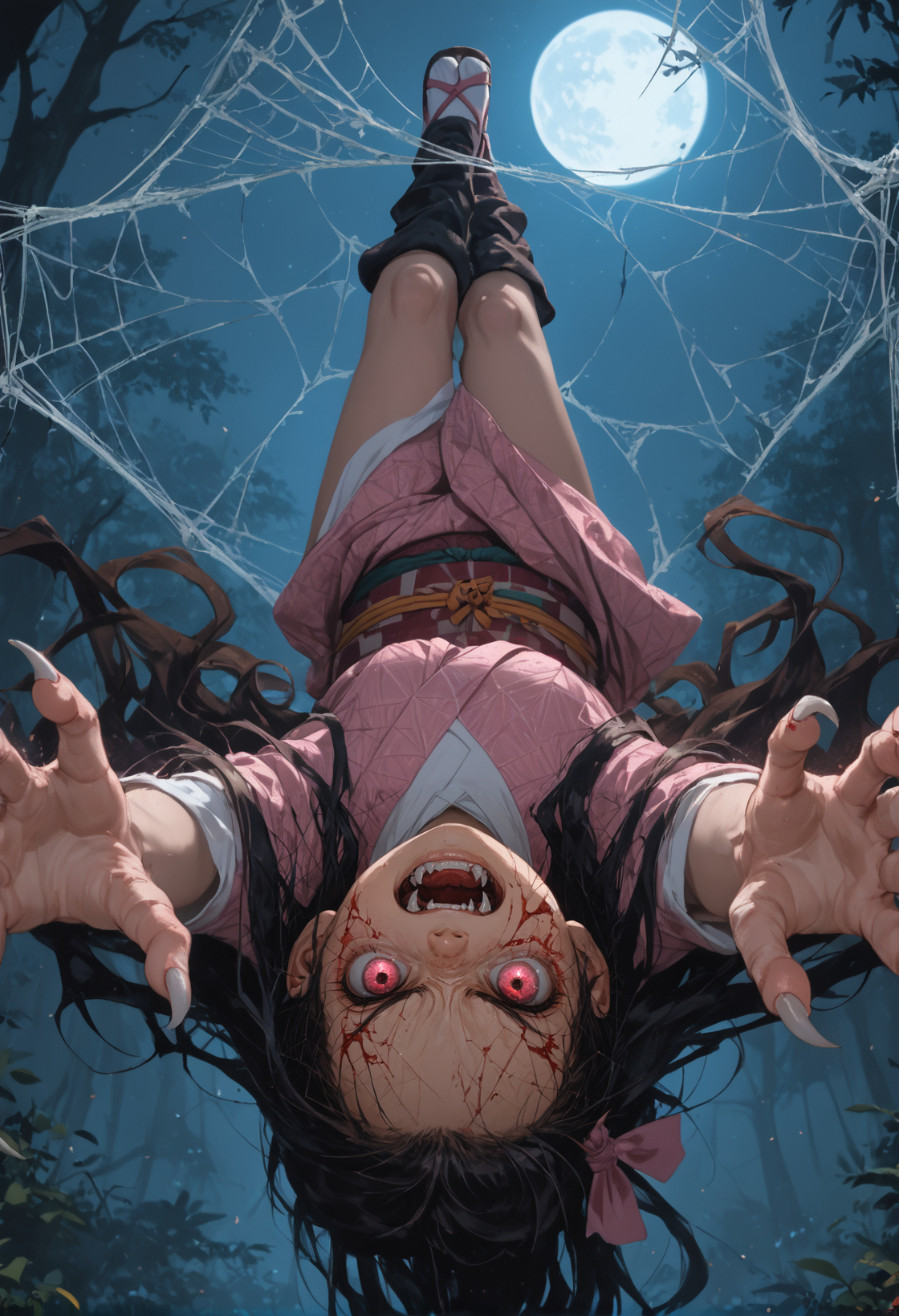 score_9,score_8_up,score_7_up,high quality,masterpiece,highres,outdoors,forest,night,moon,from below,<lora:Nezuko_Kamado_Kimetsu_no_Yaiba:0.8>,gradient hair,black hair,very long hair,pink eyes,pink ribbon,pink kimono,black haori,obi,sash,leg warmers,white socks,sandals,upside-down,angry,glowing,fangs,outstretched arms,claws,((spider web)),((on sipider web)),(((legs together))),floating,reaching towards viewer,blood,blood on face,blood drip,âââ,<lora:add-detail-xl:2>,<lora:Fant5yP0ny:0.8>,open mouth,âââ