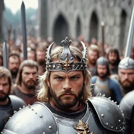 <lora:80sFantasyMovieV3SDXL:1> ArsMovieStill, 80s Fantasy Movie Still, The image shows a man in armor with a crown on his head holding a sword in his hand surrounded by a group of people in the background with a wall behind them., armor, facial hair, weapon, sword, crown, male focus, beard, solo focus, blurry background, blurry