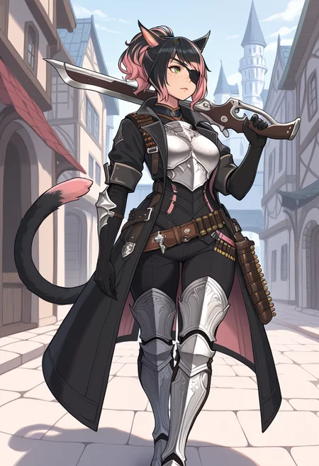 masterpiece, best quality, solo, 1girl, <lora:clamchan_illu:1> animal ears, black hair, pink hair, multicolored hair, ponytail, green eyes, slit pupils, freckles, cat tail, <lora:rass-aaaaa-t2:1> gunblade over shoulder, eyepatch, black coat, black gloves, elbow gloves, open coat, bandolier, greaves, breastplate, walking, looking away, fantasy city,