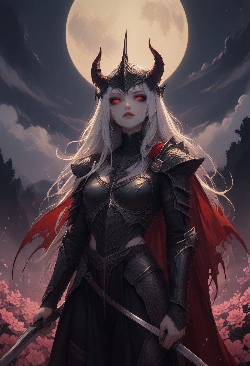 score_9, score_8_up, score_7_up score_9, score_8_up, score_7_up, score_6_up, score_5_up, score_4_up,
 <lora:GothGirlAestheticV5-000015:1> g0th,
weapon, moon, armor, sword, flower, holding weapon, helmet, holding sword, holding, solo, full moon, long hair, outdoors, cape, sky, red cape, night, horns, pink flower, standing, cloud, shoulder armor, japanese armor, white hair