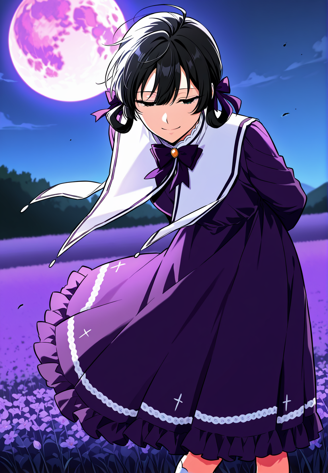 <lora:Asmodeus___Omniscient_Readers_Viewpoint__Illustrious:1>
solo, black hair, black eyes, short hair, twintails, braid twin braids, bangs, ahoge, hair between eyes, hair rings,
purple dress, frilled dress, bow, hair bow, long sleeves, purple bow, frills, purple bowtie, high white socks, white capelet
score_9, score_8_up, score_7_up, very aesthetic, source_anime, detailed, high quality, beautiful, masterpiece, detailed eyes, field, blurry background, pose dynamic angle, upper body, cowboy shot, light smile, floating hair, half-closed eyes, hands behind back, leaning forward, looking forward, looking at viewer, evil smile, night, purple moon