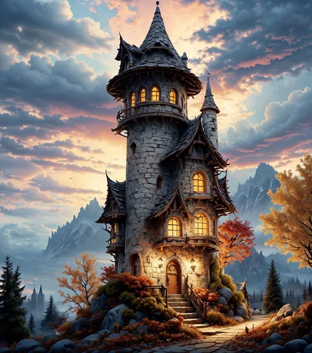 RAW photo, (masterpiece:1.3), subsurface scattering, heavy shadow, (high quality:1.4), (intricate, high detail:1.2), professional photography, HDR, High Dynamic Range, realistic, ultra realistic, photorealistic, high resolution, film photography, ambient lighting, atmospheric effects, <lora:detail_slider_v4:2>, OverallDetail, <lora:Wizard_Tower:1> , autumn leaves, building, cloud, cloudy sky, day, door, fantasy, mountain, nature, no humans, outdoors, road, scenery, sky, stairs, tower, tree, witow