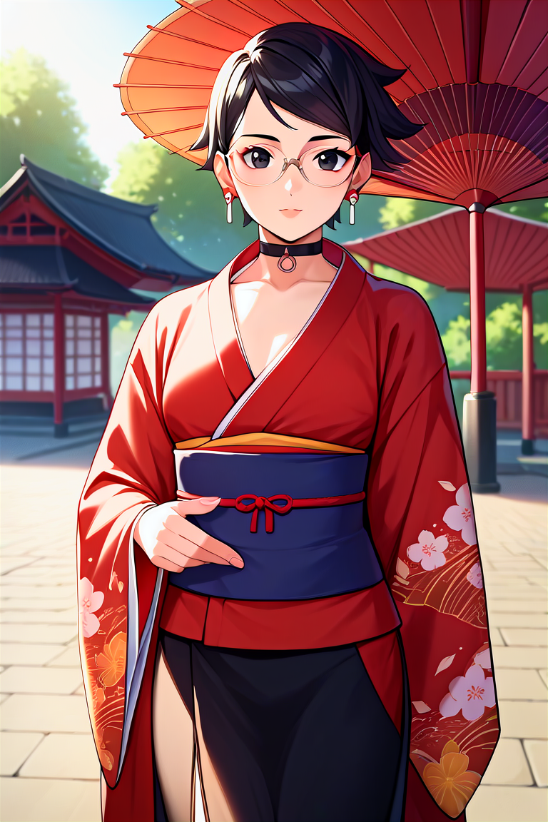 score_9, score_8_up, score_7_up, score_6_up, score_5_up, score_4_up, rating_questionable, , source_anime, digital illustration, pixiv, fanbox, uncensored, , BREAK, official art,
1girl, , sarada, black hair, black eyes, short hair, swept bangs, choker, glasses, earrings,
japanese clothes, kimono, printed, japanese background, , outdoors, cowboy shot, looking at viewer, colorful, vivid    <lora:Sarada_Timeskip_Pony-10:0.9>
