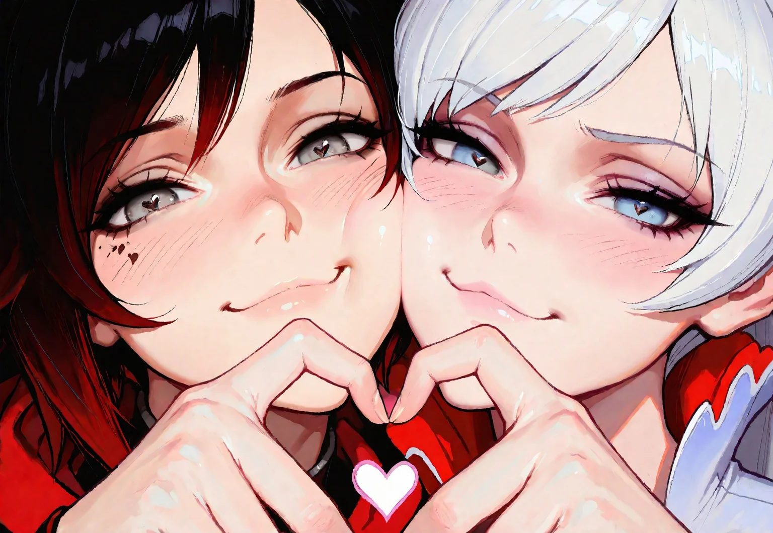 (masterpiece,best quality,highres,absurdres,amazing quality,very aesthetic), (ilya kuvshinov:0.5), weiss schnee, ruby rose, rwby, (multiple girls, side-by-side), cheek press, yuri, cheek-to-cheek, face focus, looking at viewer, smug, blush, heart hands, heart hands duo