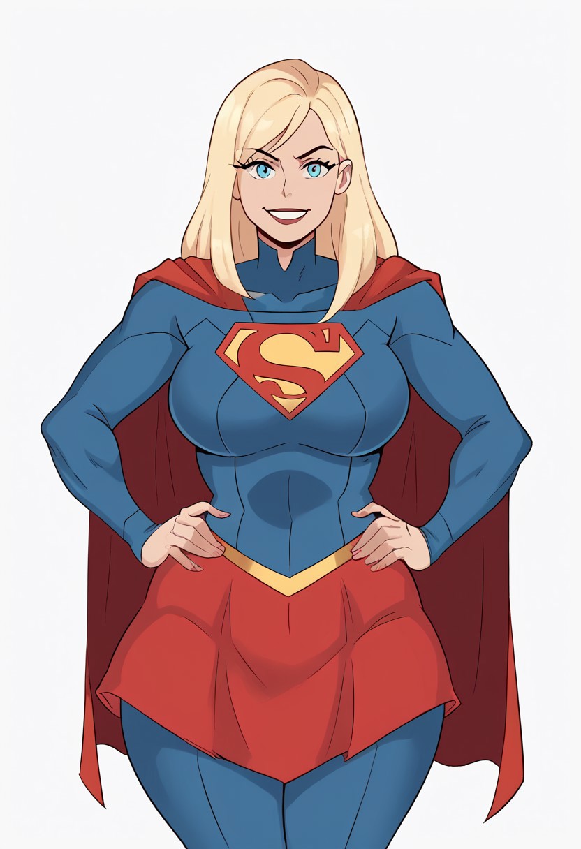 score_9, score_8_up, score_7_up, source_anime, artist (sunnysundown), supergirl, supergirl (dc), big breasts, large breasts, huge breasts, hands on hips, blonde hair, small smile, blonde hair, blank background, white background, perfect smile, bright, colourful, looking at viewer, chest out, wide hips, thick thighs, red cape, light blue Supergirl suit, sky blue Supergirl suit, perky breasts, 1girl only, red skirt, perfect eyes, turning towards viewer, small mouth, high collar, gold waistbelt, kind face,