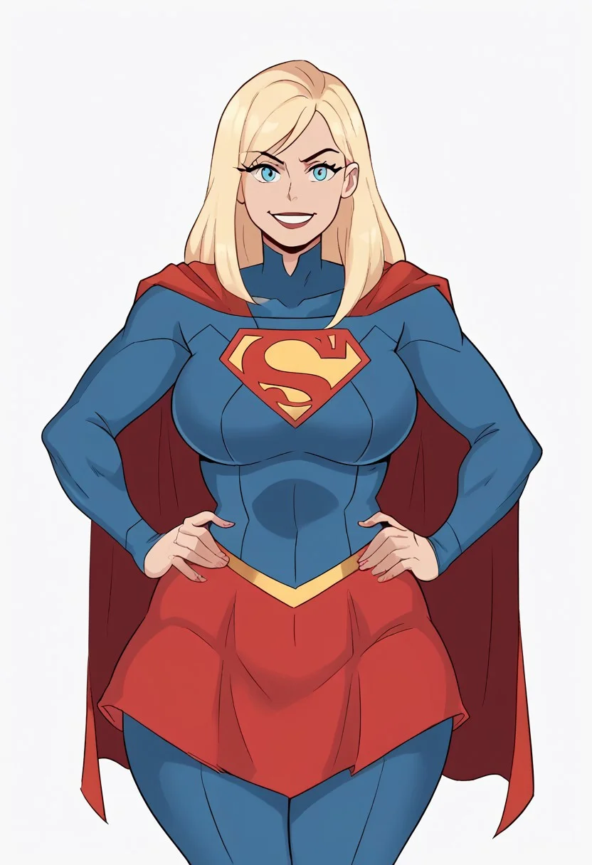 score_9, score_8_up, score_7_up, source_anime, artist (sunnysundown), supergirl, supergirl (dc), big breasts, large breasts, huge breasts, hands on hips, blonde hair, small smile, blonde hair, blank background, white background, perfect smile, bright, colourful, looking at viewer, chest out, wide hips, thick thighs, red cape, light blue Supergirl suit, sky blue Supergirl suit, perky breasts, 1girl only, red skirt, perfect eyes, turning towards viewer, small mouth, high collar, gold waistbelt, kind face,
