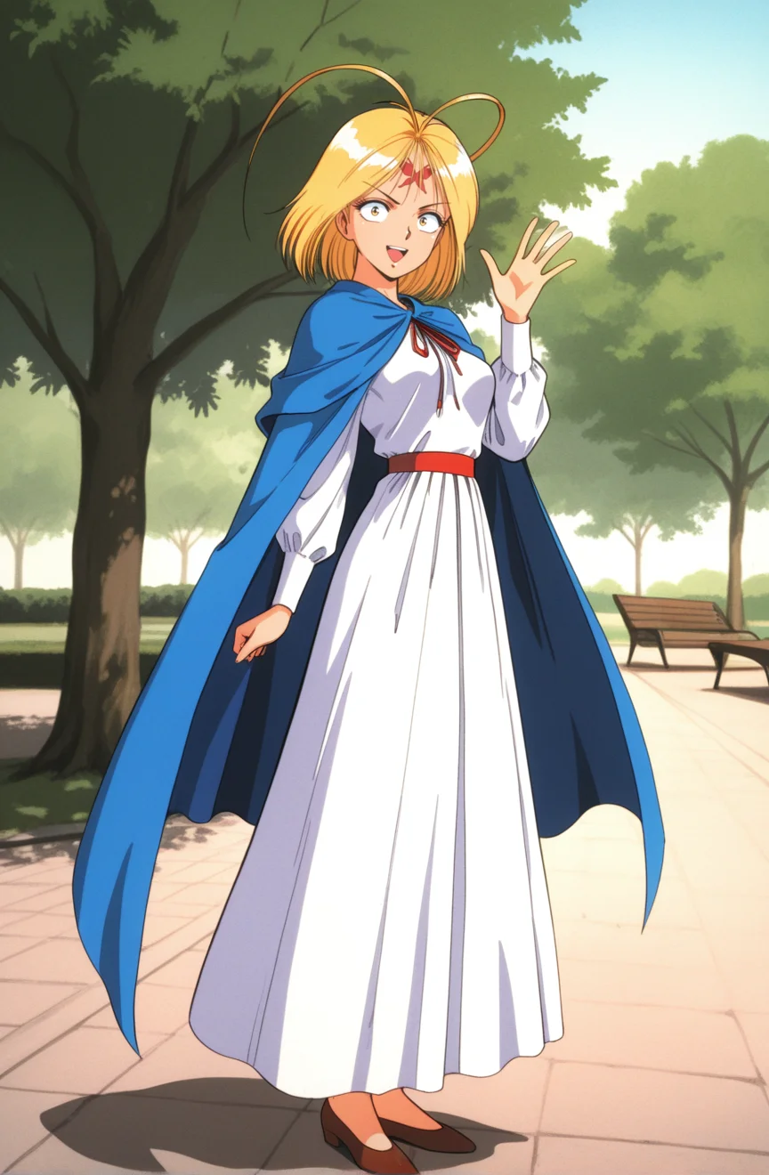 1girl,kznk1sidnpaf1o,retro artstyle,1990s \(style\), solo,sanpaku, constricted pupils,yellow eyes, , antenna hair,blonde hair, short hair,red_butterfly_forehead_mark,facial mark,medium breasts,blue cape,long sleeves,long skirt,white dress,outdoors,,tree,park,fantasy,,looking at viewer,v-shaped eyebrows,full body ,light smile ,,waving ,open mouth ,from side ,best quality,masterpiece,sensitive , <lora:KazenokishidanPafioNoobAI2:1>