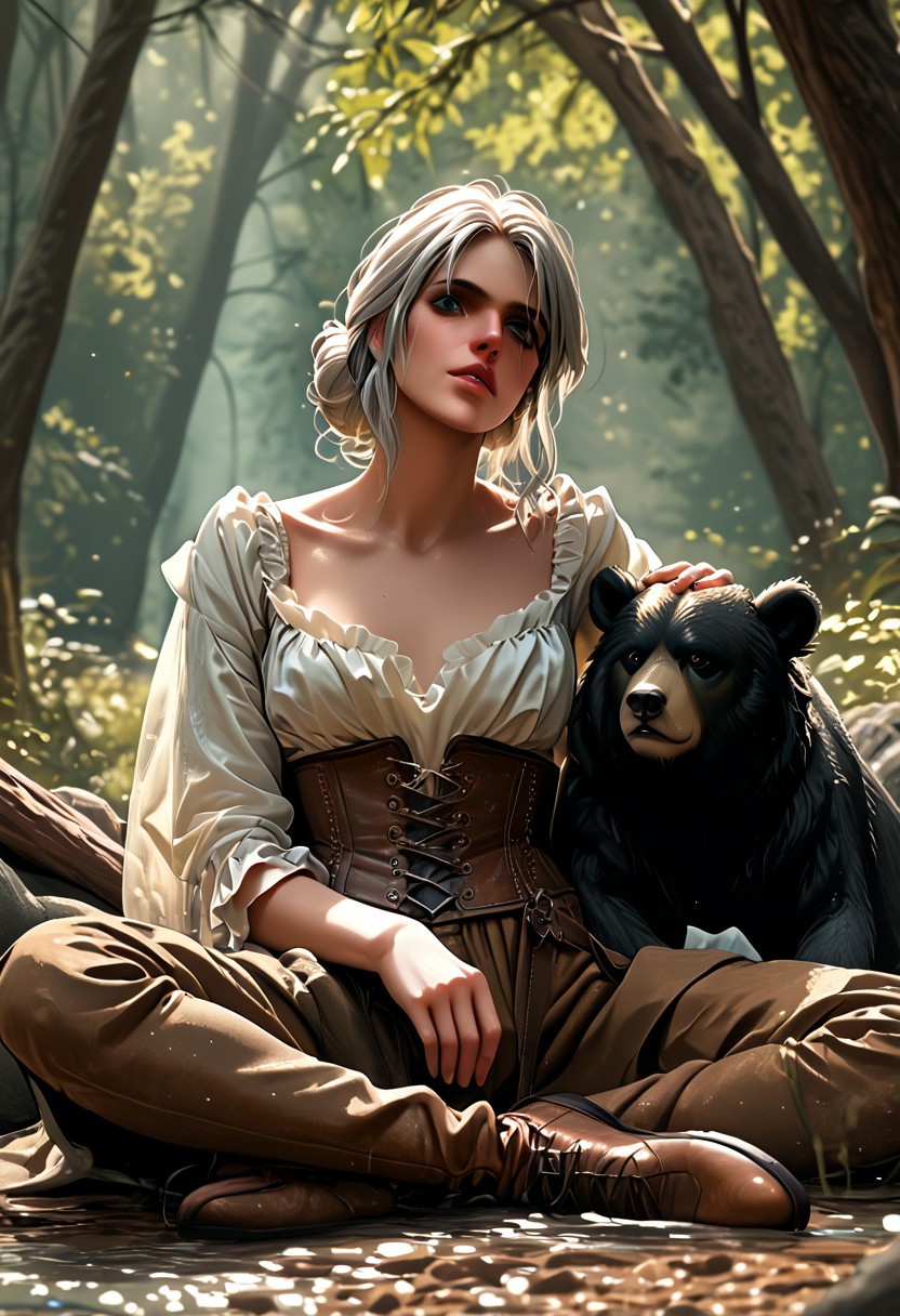 Score_9, score_8_up, score_7_up, 1girl, cosplaying as Ciri from The Witcher series, seated in a forest setting, leaning against a large, realistic bear with its mouth open in a roar. The girl has silver hair styled in a loose bun, revealing her youthful and determined face with green eyes. She is dressed in a white blouse with a deep neckline, brown leather gloves, a corset belt with blue gemstone details, black garter belt stockings, and high-heeled boots. The setting is a dense forest with tall trees and a mystical atmosphere, with soft, diffused light filtering through the canopy. The bear's fur is dark and shaggy, adding a sense of realism and wildness to the scene. The girl's pose is relaxed yet vigilant, holding a sword in one hand while resting her head against the bear.