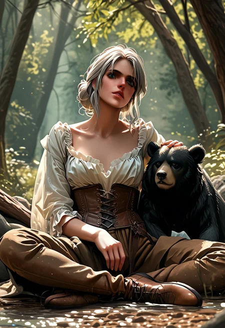 Score_9, score_8_up, score_7_up, 1girl, cosplaying as Ciri from The Witcher series, seated in a forest setting, leaning against a large, realistic bear with its mouth open in a roar. The girl has silver hair styled in a loose bun, revealing her youthful and determined face with green eyes. She is dressed in a white blouse with a deep neckline, brown leather gloves, a corset belt with blue gemstone details, black garter belt stockings, and high-heeled boots. The setting is a dense forest with tall trees and a mystical atmosphere, with soft, diffused light filtering through the canopy. The bear's fur is dark and shaggy, adding a sense of realism and wildness to the scene. The girl's pose is relaxed yet vigilant, holding a sword in one hand while resting her head against the bear.