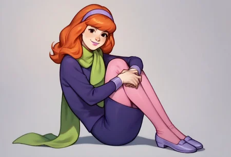 score_9, score_8_up, score_7_up BREAK DaphneCl, 1girl, orange hair, black eyes, pink lipstick, lavender headband, green scarf, long-sleeved purple lavender shirt, lavender cuffs, purple skirt, lavender hemline, pink tights, purple shoes, smiling at viewer, full body, hugging legs, solo, solo focus,