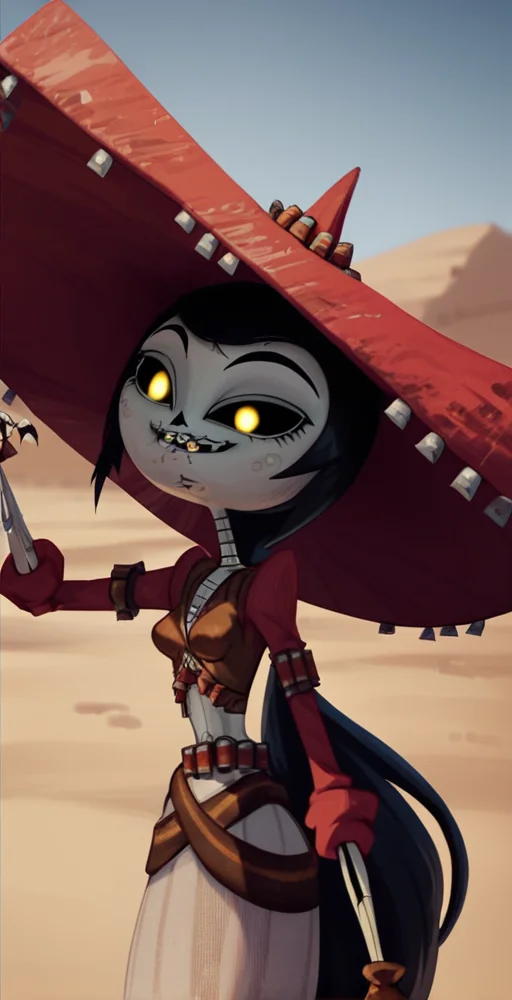 deadsanchez, score_9,score_8_up,score_7_up,score_6_up, solo, 1girl, hat, black hair, black hair, yellow eyes, colored sclera, black sclera, looking at viewer, smug, dynamic pose, desert, <lora:Adelita_Sánchez_Pony_XL_Book_of_Life:1>