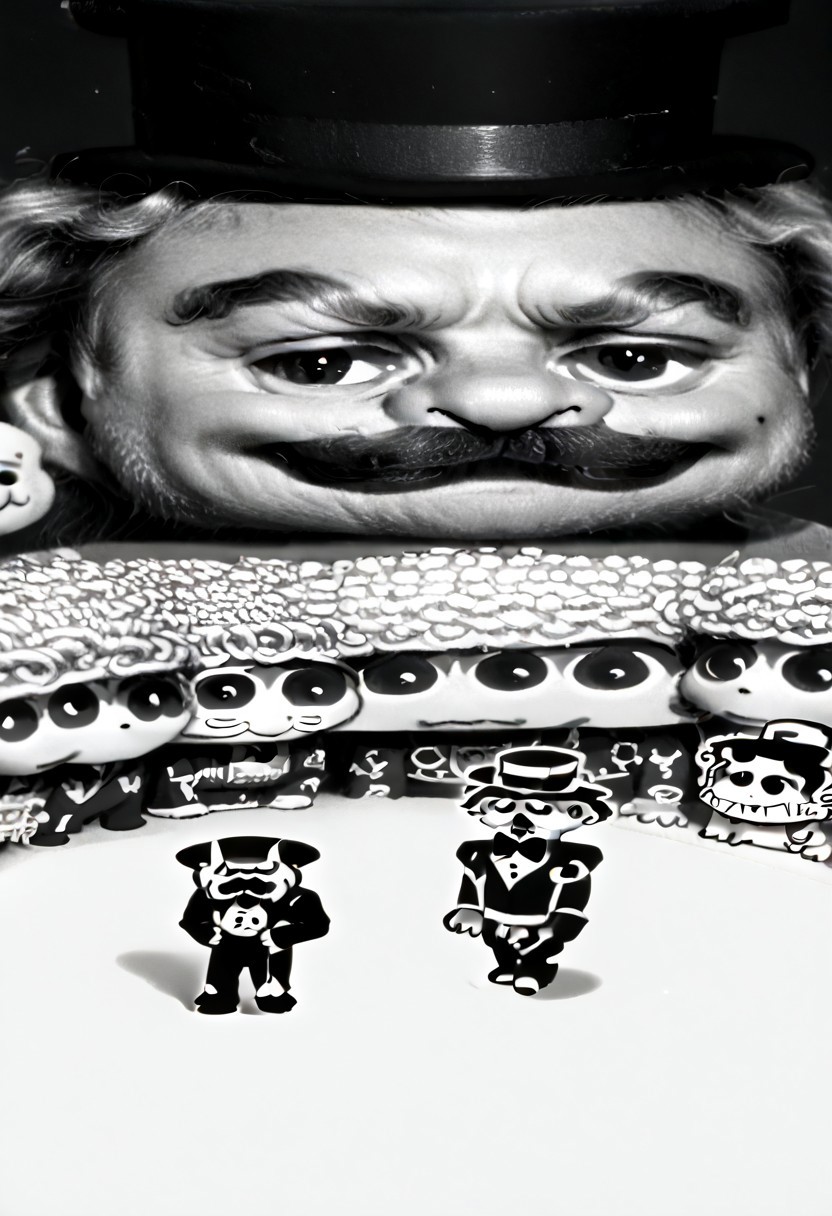 ((((((black and white,wideputinmeme))))),((small man with mustache, top hat, kenbis, chibi, chibi, male only, male, male chibi, monocle, art deco, thick mustache, comically large mustache, handlebar mustache, tiny, multiple men, shrunk, microxl, some little guys,  high angle, from above)), bwMovies, realistic, photo, vintage photo, ((very small man, small man, a small man, a man who is small, a small man)), an unapologetically small human male, black and white, smiling, very happy, euphoric, ecstatic, wonderful small men, large smile, huge smile