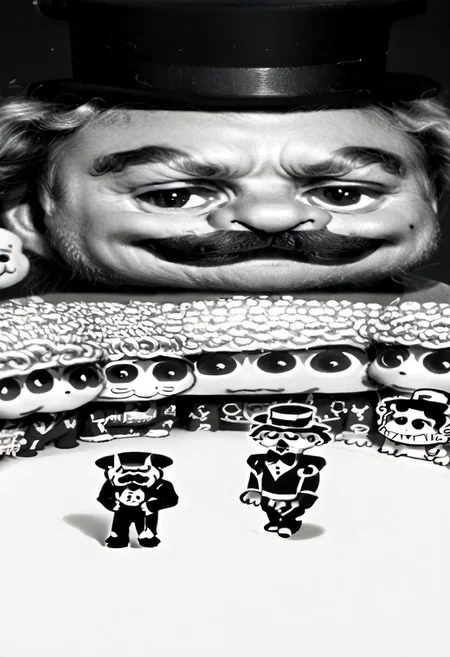 ((((((black and white,wideputinmeme))))),((small man with mustache, top hat, kenbis, chibi, chibi, male only, male, male chibi, monocle, art deco, thick mustache, comically large mustache, handlebar mustache, tiny, multiple men, shrunk, microxl, some little guys, high angle, from above)), bwMovies, realistic, photo, vintage photo, ((very small man, small man, a small man, a man who is small, a small man)), an unapologetically small human male, black and white, smiling, very happy, euphoric, ecstatic, wonderful small men, large smile, huge smile