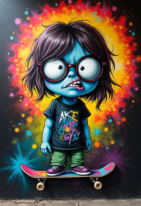a abstract-graffiti painting of a bunch of different colors on a wall with a black background and a red, yellow, blue, and green design, Alberto Seveso, color, an airbrush painting, action painting, 1girl, angry, huge nerdy glasses, skater, large breasts, masterpiece, intricate, detailed, intricate, 8k, high detail, detailed, ultra detailed,