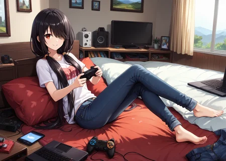 score_9, score_8_up, score_7_up, score_6_up, score_5_up, score_4_up, , scenery, masterpiece, best quality, very aesthetic,, game controller, ,wooden floor, keyboard (computer), , disposable cup, , phone, laptop, , cellphone, controller,bed, messy room,TV,
, looking at viewer, laying, modeling on bed, <lora:Kurumi_Tokisaki:0.8> black hair, red eye, long hair, twintails, hair over one eye, yellow eye, heterochromia, clock eye black, tshirt, jeans, sitting, smiling,legs kicking, ,smiling, , looking at television,,