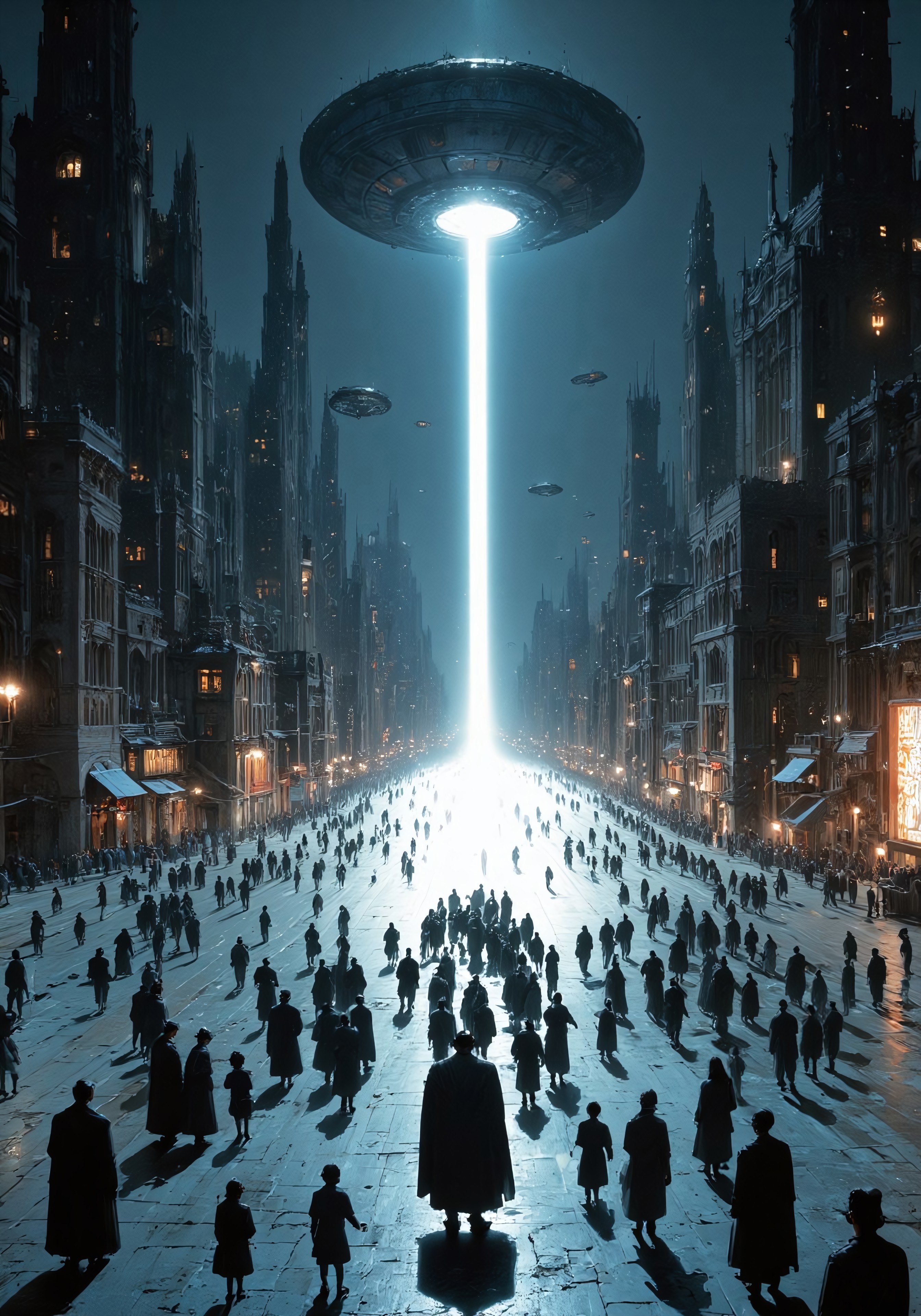 Vast, futuristic cityscape at night.  Many people, silhouetted, appear to be skating or walking across a large open space, seemingly a plaza or street.  Atmospheric perspective creates a depth of field, with buildings in the background appearing somewhat hazy.  Multiple large, dark, futuristic flying objects hover above the city. A light beam shines down from a central point in the sky toward a large, empty space in the middle of the street, illuminating the scene.  The buildings are tall, stylized and geometric in design.  The color palette is a cool, muted blue-gray.  Light pollution from city lights creates a hazy quality. Sharp shadows fall from the figures on the street creating a stark contrast. The mood is mysterious and ominous, tinged with a sense of awe and anticipation.  The overall style is a blend of science fiction and urban fantasy.  High-angle, wide shot perspective.  Smooth, even textures. Cinematic lighting creates a dramatic effect.  A sense of scale is present.  The image evokes a feeling of large-scale event or discovery.  Digital painting/photorealistic style.beams.
