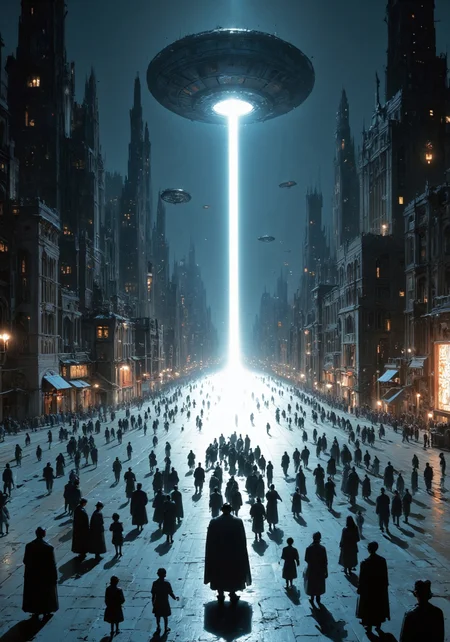 Vast, futuristic cityscape at night. Many people, silhouetted, appear to be skating or walking across a large open space, seemingly a plaza or street. Atmospheric perspective creates a depth of field, with buildings in the background appearing somewhat hazy. Multiple large, dark, futuristic flying objects hover above the city. A light beam shines down from a central point in the sky toward a large, empty space in the middle of the street, illuminating the scene. The buildings are tall, stylized and geometric in design. The color palette is a cool, muted blue-gray. Light pollution from city lights creates a hazy quality. Sharp shadows fall from the figures on the street creating a stark contrast. The mood is mysterious and ominous, tinged with a sense of awe and anticipation. The overall style is a blend of science fiction and urban fantasy. High-angle, wide shot perspective. Smooth, even textures. Cinematic lighting creates a dramatic effect. A sense of scale is present. The image evokes a feeling of large-scale event or discovery. Digital painting/photorealistic style.beams.