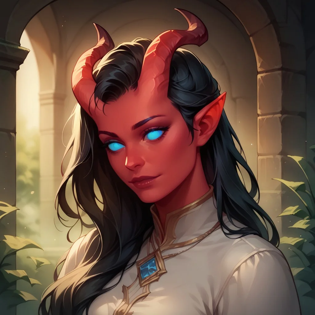 (((detailed, beautiful, high quality))), score_9, score_8_up, score_7_up, upper body, solo,
tiefling, pointed ears, horns, tail, blank eyes, jewelry on horns,
1 girl, red skin, blue eyes, black hair, long hair, white shirt,
looking at the viewer, posing,
fantasy background, blurred background,