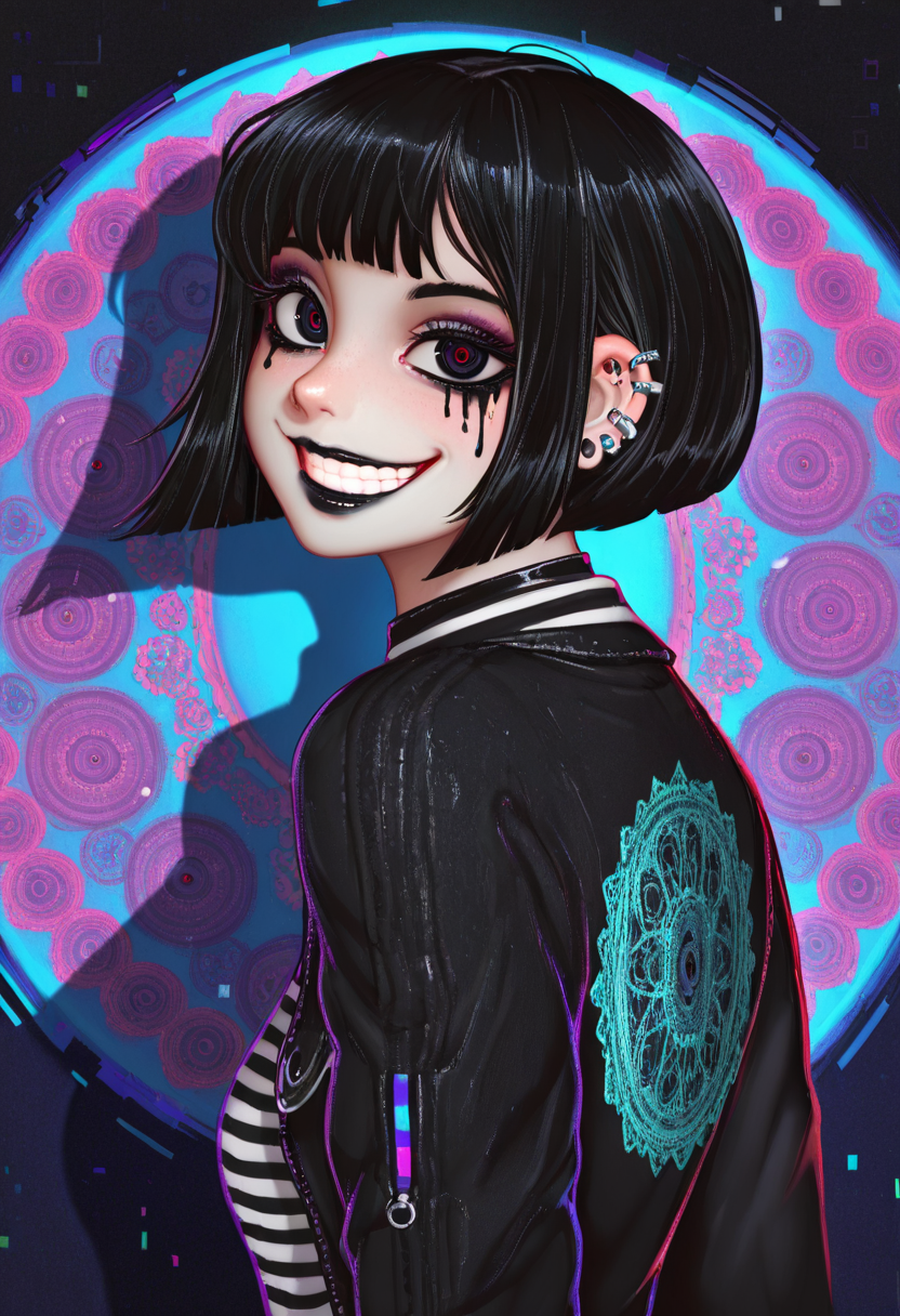 ultra detailed, masterpiece, best quality, intricate detailed, solo, 1girl, dork girl, goth, bob cut, black hair, black classes, makeup, lipstick, jewelry, piercings, from side, black jacket, white striped shirt, multicolored lighting, upper body, pose, intricate details, mandala, glitch, paint splash, multicolored background, grin, head tilt, shadow, looking at viewer, st4rf4u1t, <lora:StarFruit_Style_IL:1>