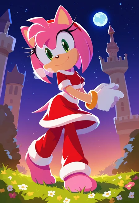 score_9,score_8_up,score_7_up, solo, 1girl, santa costume, midriff, pose, <lora:sonicchannelv22-15:0.9> , sonic channel (style), castle, tower, outdoors, starry sky, night, grass, bush, flower, amy rose, red headband, pink fur, happy, white gloves, full body, gold bracelet, looking down, heavy breathing, smile, green eyes, barefoot, heavy breathing