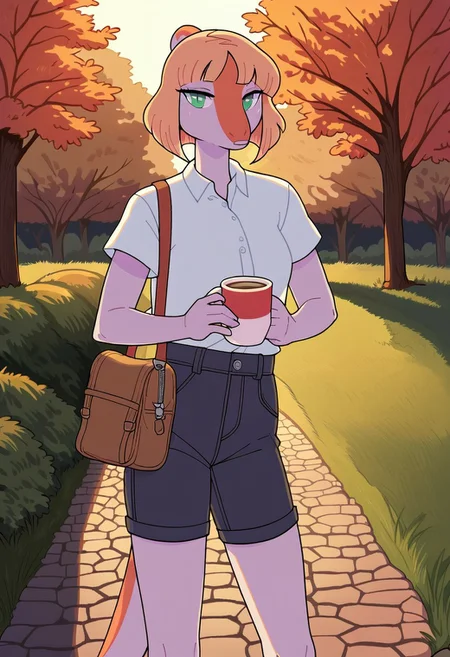 score_9, score_8_up, score_7_up, score_6_up, score_5_up, score_4_up, standing, outside, park, detailed background, cofee, cup of cofee, naomi, 1girl, furry,