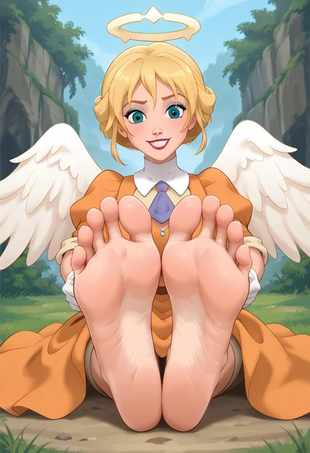 score_9, score_8_up, score_7_up, score_6_up, score_5_up, score_4_up, source_anime, BREAK, (masterpiece:1.4), (best quality:1.2), expressive eyes, perfect face, perfect anatomy, accurate anatomy, perfect feet, perfect soles, 1 girls, feet, soles, toes, foot focus, front view, smile, cute expression, clean feet, sitting, hands on ground, showing feet, barefoot, PONYXL_WaifuFeetPics_ownwaifu, feet, Jane Porter, 1girl, blonde hair, blue eyes, short hair, single hair bun, orange victorian style dress, puffy sleeves, white gloves, pink cravat, makeup, barefoot, angel wings, halo, glowing halo, (blue eyeshadow), makeup, red lips, lipstick,