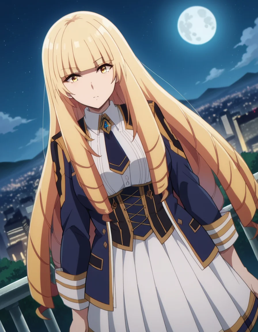 score_9, score_8_up, score_7_up, source_anime,
orianarose, <lora:oriana-rose-ponyxl-lora-nochekaiser:1>,
oriana rose, long hair, blonde hair, yellow eyes, drill hair, bangs, blunt bangs, mature female,
skirt, jacket, necktie, white skirt, corset,
outdoors, cityscape, night, moon,
looking at viewer, dutch angle,