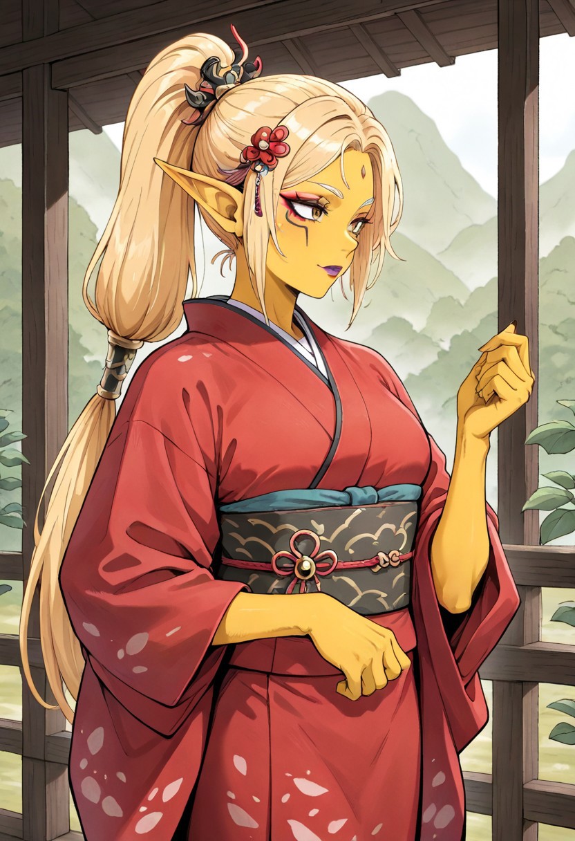 masterpiece, best quality, newest, absurdres, highres, 
Migamiga-Style-V1.0,
1girl, asian, asian female, elf, elf girl, pointy ears, long hair, yellow skin, blonde hair, golden colored skin, ponytail long ponytail, high taied ponytail, makeup, mascara, brown eyes, golden eyes,
kimono, red kimono, japanese clothes, hair ornament,