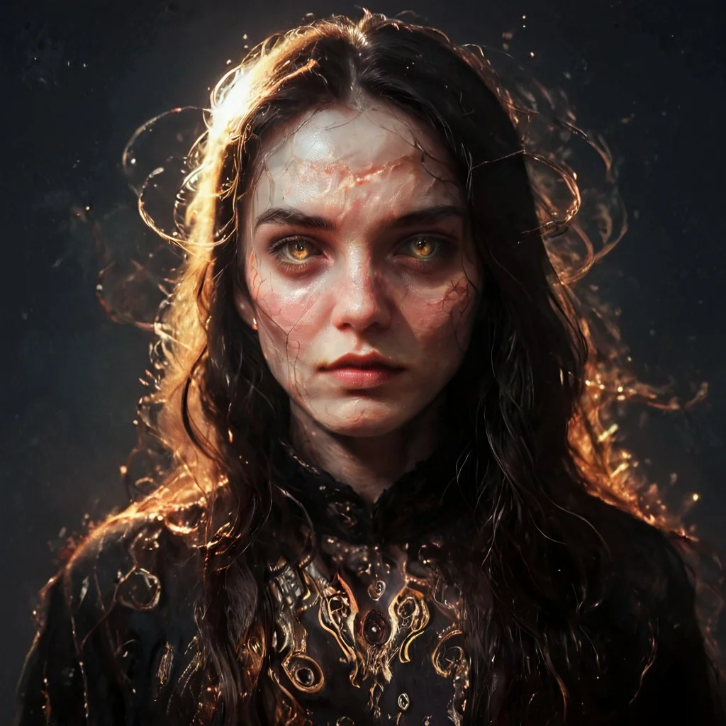swirls, abstract, ripples, beast, long hair, upper body, beautiful dark defined eyes, realistic, deep color, dark background, soft backlighting