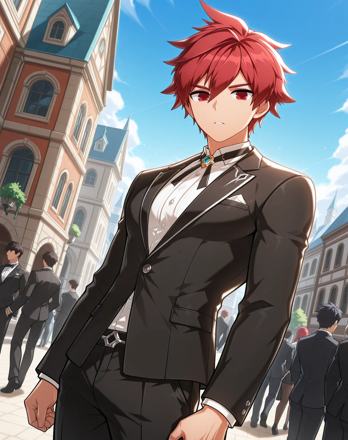 masterpiece,best quality,amazing quality, newest, very aesthetic, absurdres,
1boy, solo, yaoi, male focus, looking at viewer, cowboy shot, standing,
<lora:Elsword_Knight_Emperor_ilxl:1> elswordke, red hair, red eyes,
formal, tuxedo, neck ribbon, white shirt, collared shirt, black pants, shoes, black footwear, suit jacket, black jacket,
outdoors, day, blue sky, building, people,
