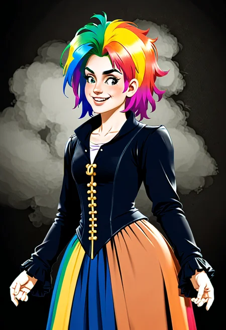 <lora:InfiniteTina:.6> A 25-year-old InfiniteTina with rainbow hair disguised in medieval attire blending into a historical alternate world.